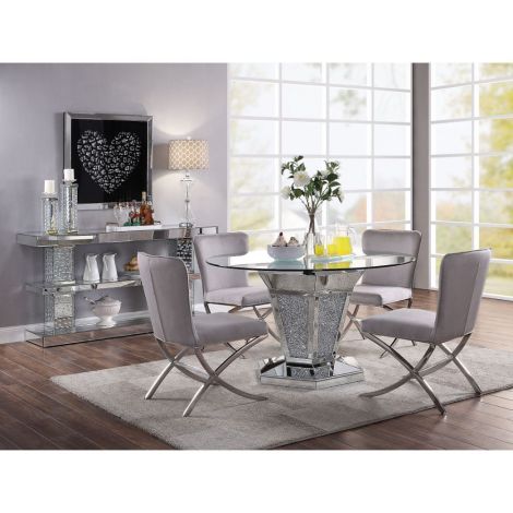 Noral Mirror Dining Table With Round Glass Top Gray Chair